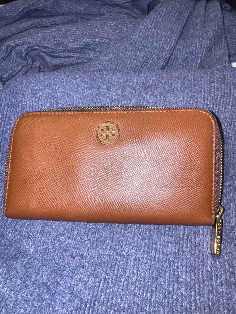 Tory Burch Tan/Brown Leather Zip Wallet with Gold Logo